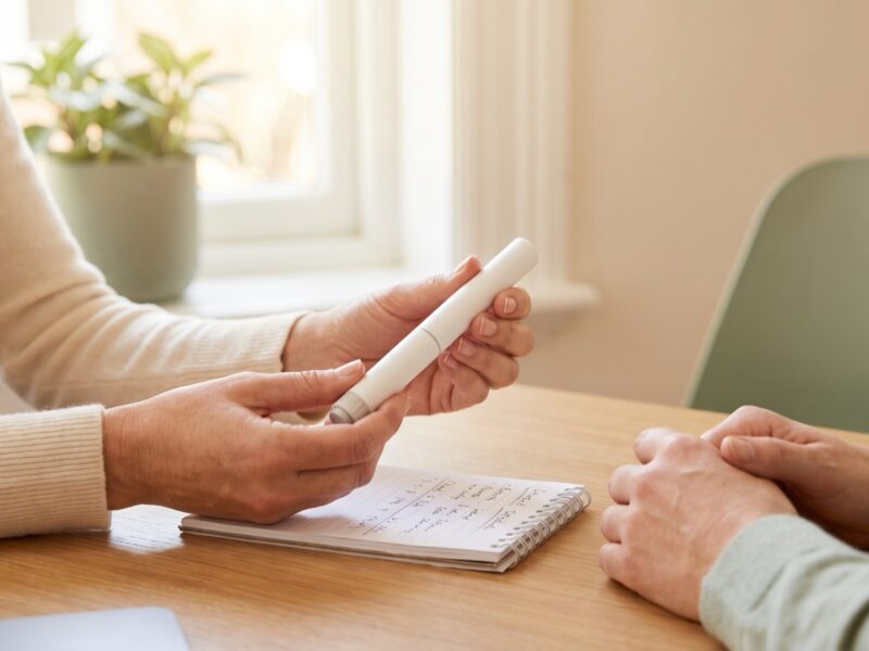 Physician holding an injection pen while explaining GLP-1 dosing to a patient