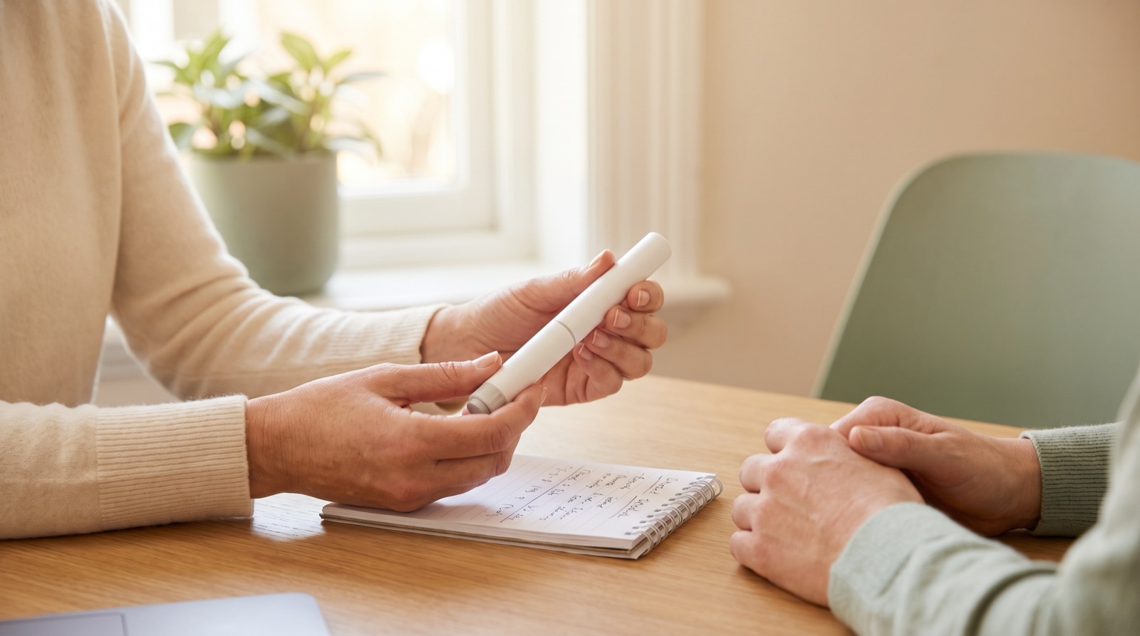 Physician holding an injection pen while explaining GLP-1 dosing to a patient